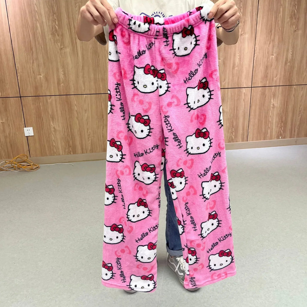 Hello Kitty Pajamas Halloween Flannel Fashion Trouserswomen Kawaii Woolen Anime Cartoon Casual Home Pants Autumn