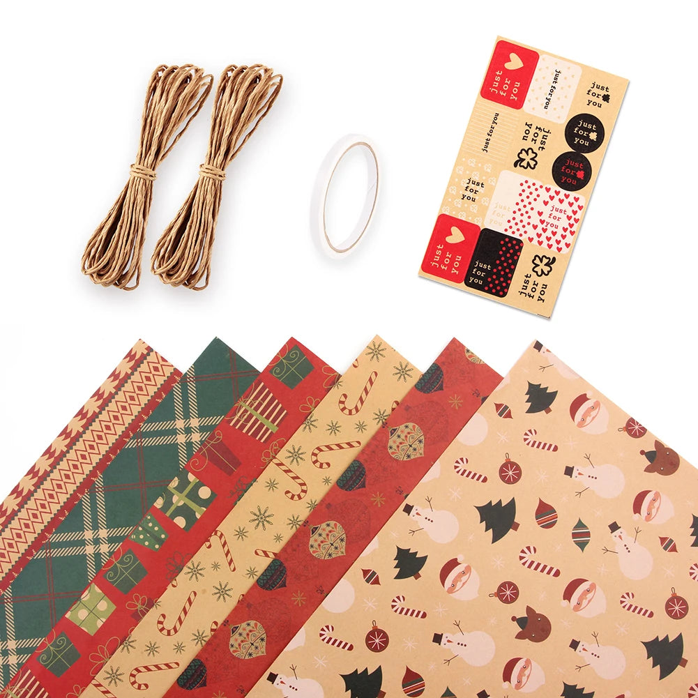 6Pcs Kraft Packaging Paper Retro Christmas Single-sided Wrapping Paper DIY Craft Paper Set for Party Birthday Halloween Gift