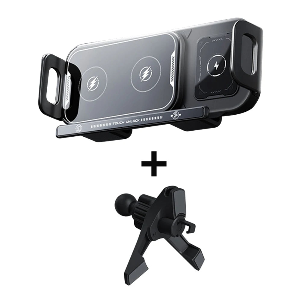 Dual Coil Foldable Phone Holder 2 in 1 Car Wireless Charger Phone Holder 15W Fast Charger Universal One Key Rotating Phone Stand