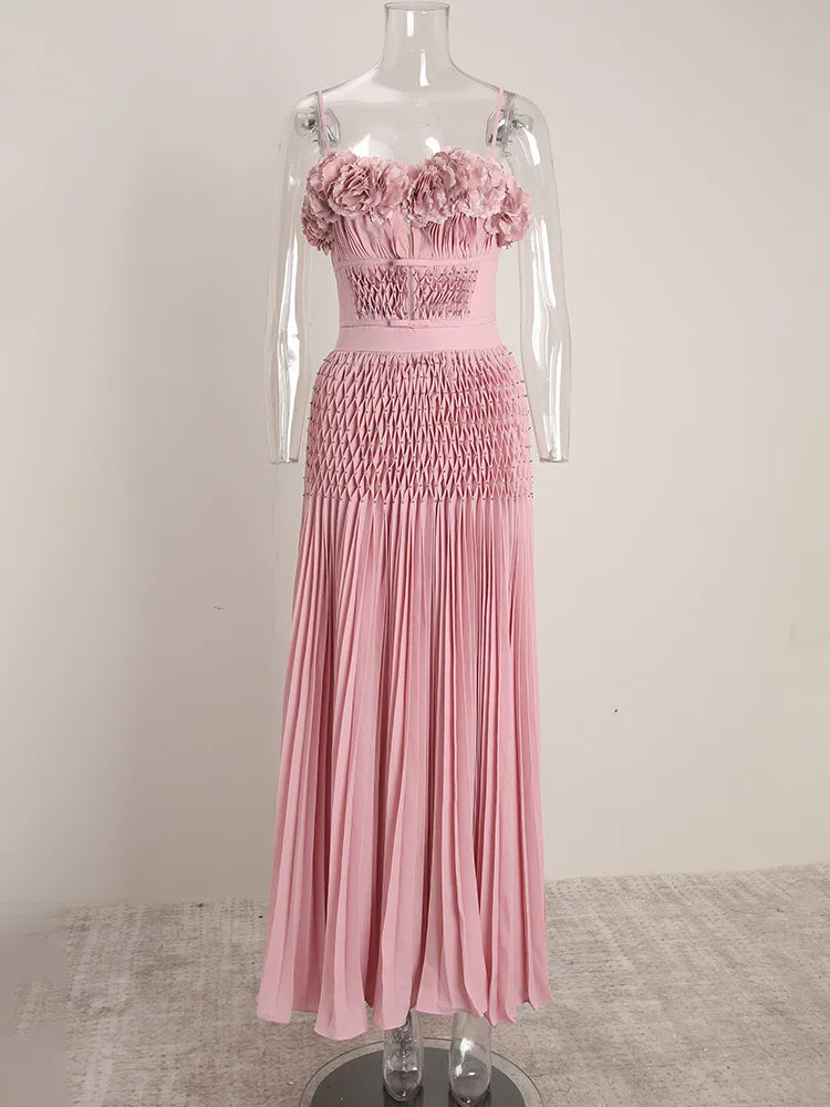 DEAT Elegant Dress Hollow Out Backless Camisole Pleated Flower