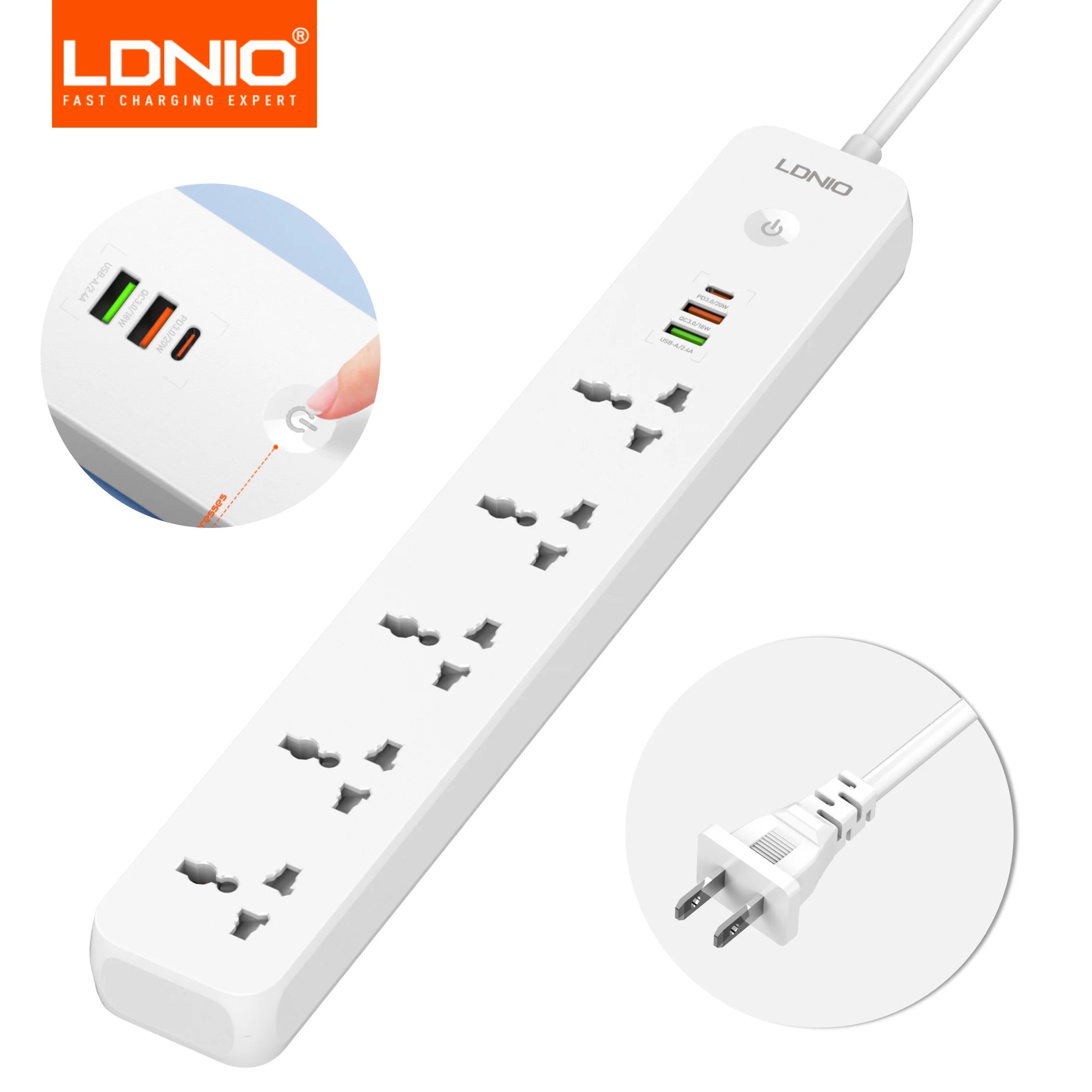 LDNIO 2500W Power Strip with 5 AC Outlets & 3 USB Charging Ports 2M Extension Cable Kitchen Household  EU UK US Plug