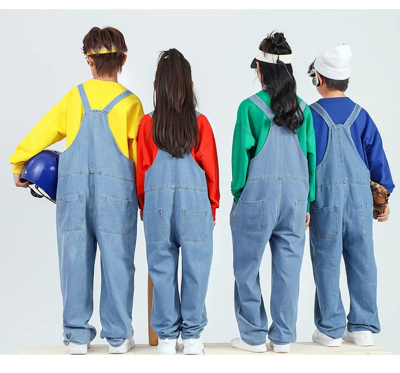 Boys Hip Hop Solid Sweatshirt Denim Loose Overalls Girls Crop Top Kids Dungaree Child Jumpsuit Street Dance Romper Streetwear