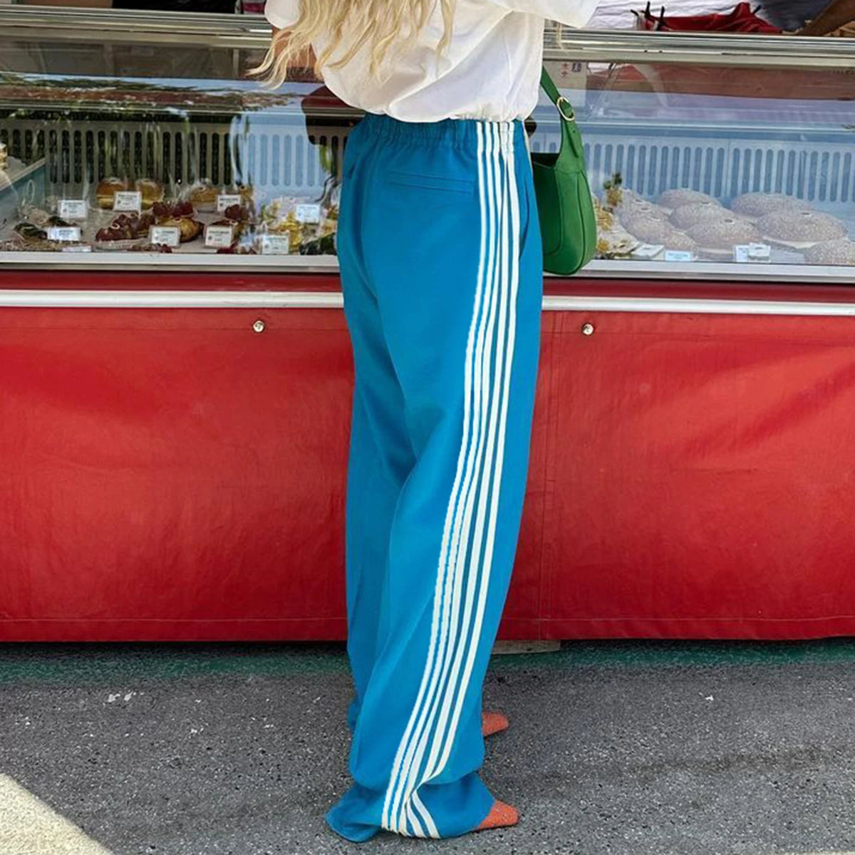Women Spring Auutmn Striped Track Pants Elastic Waist Straight Leg Sweatpants Joggers Wide Leg Pants with Pockets Sweatpants