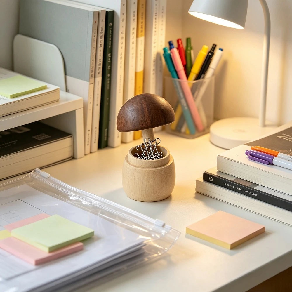 Cute Wooden Mushroom Paper Clip Holder Magnetic Office Desk