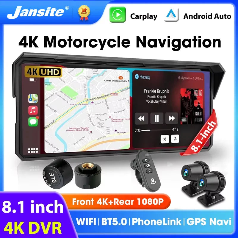 Jansite 8.1 inch Motorcycle Carplay 4K+1080P Dual Lens IPX7