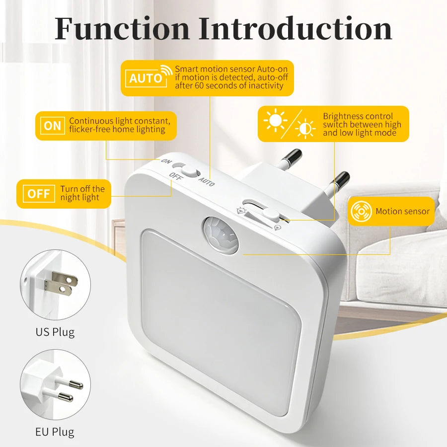 LED Lights Motion Sensor Cabinet Night Light Plug into Wall Dimmable Bedroom Lamps Bathroom Hallway Stairs Closet Kitchen Light