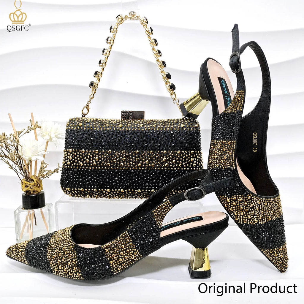 Black and Gold Italian Shoes and Bag Set