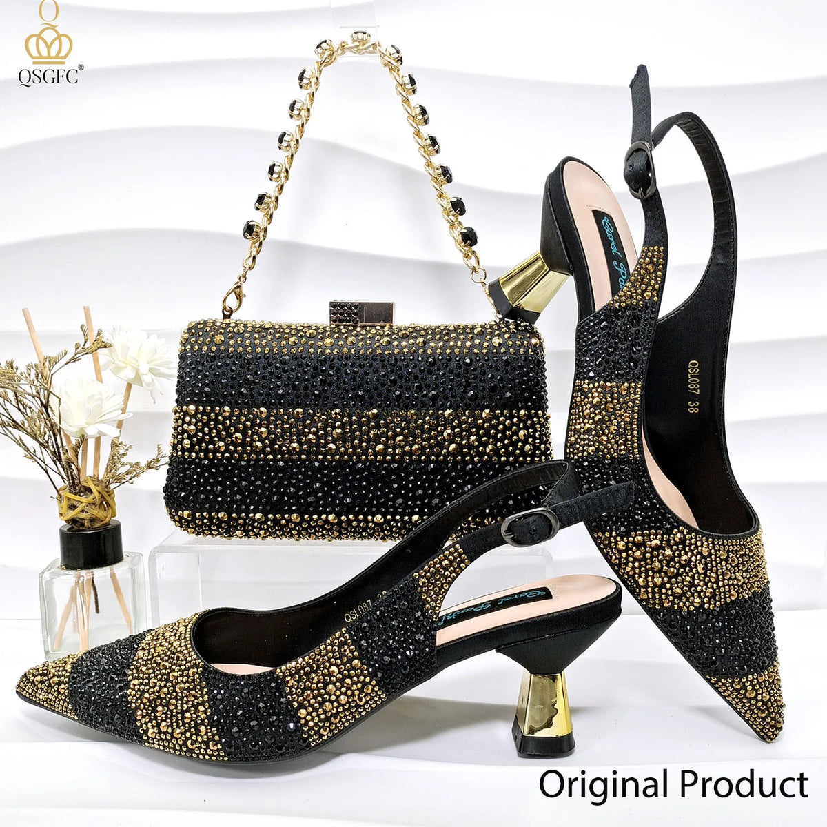Black and Gold Italian Shoes and Bag Set