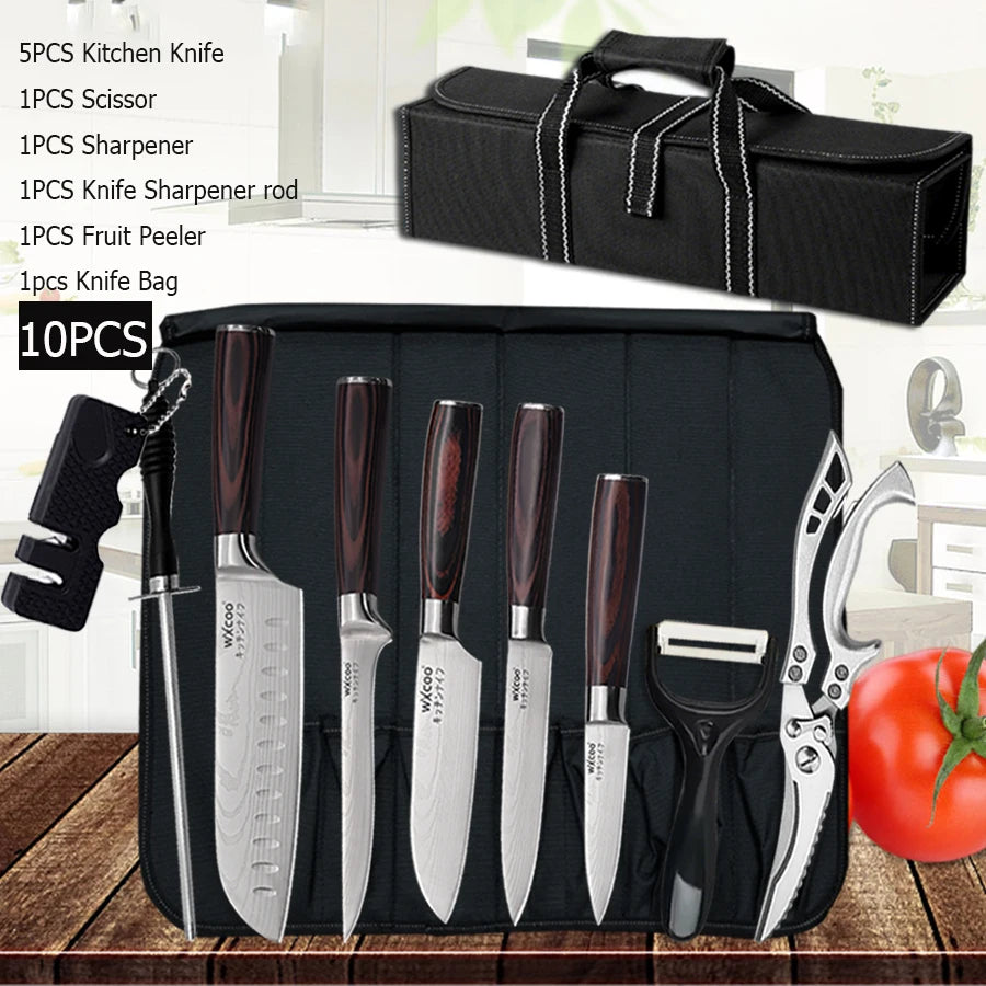 WXCOO Japanese Knife Set with Knife Bag Kitchen Knives Damascus Laser Fish Fillet Meat Cleaver Fruit Peeler Santoku Cutter