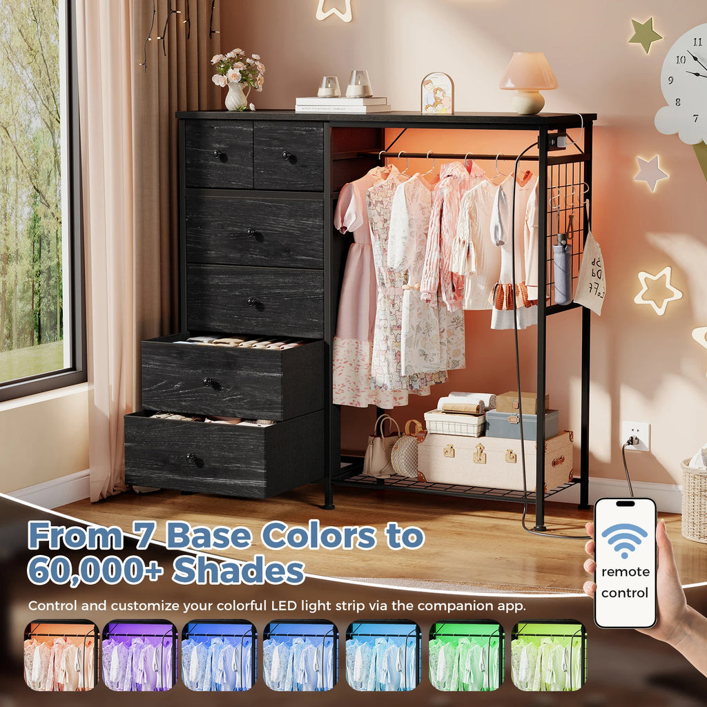 JHK 6 Drawer Fabric Dresser with Hanging Rack for Living Room