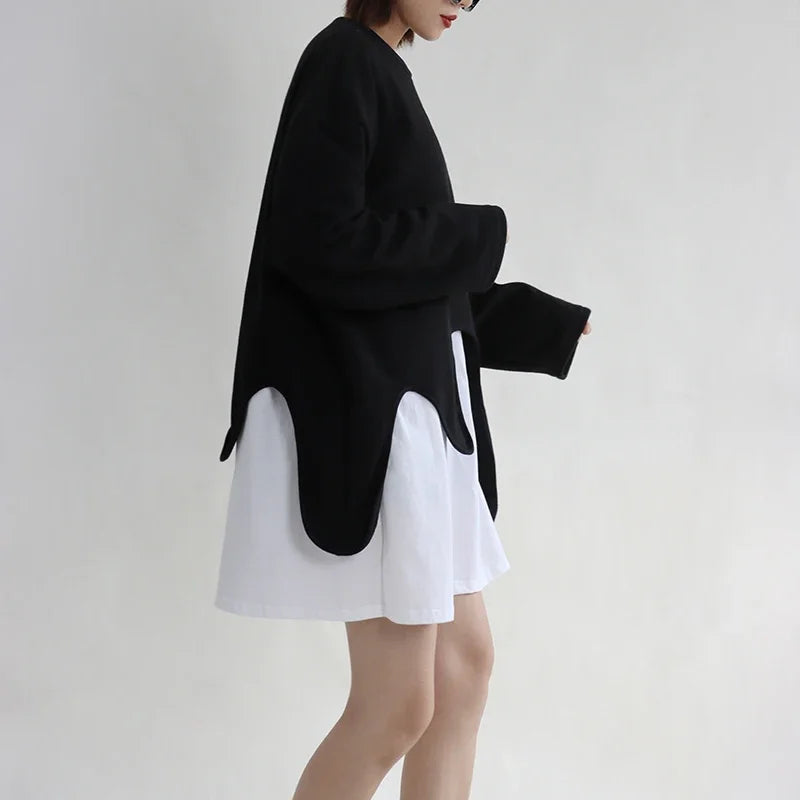 SuperAen Spring Summer 2023 New Sweatshirt Women's New Design Irregular Loose Long Sleeves Round Neck Layered Top