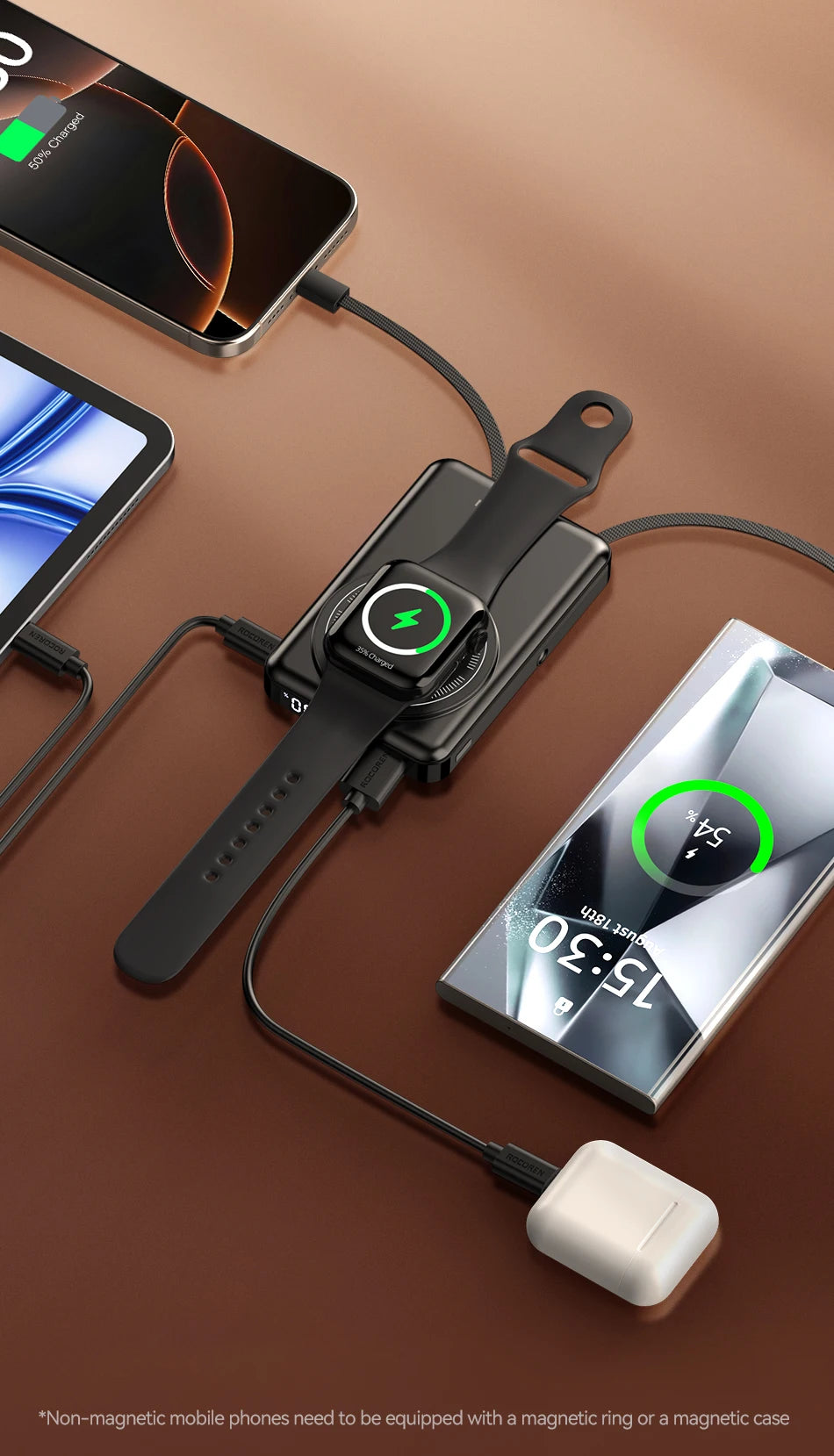 Rocoren PD 22.5W Fast Charging Power Bank 10000mAh Magnetic Wireless Charger for iPhone 16 15 14 Powerbank Built Charging Cables