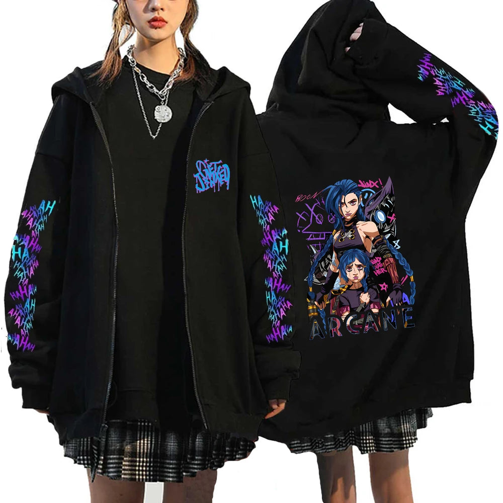 Arcane-Jinx Zipper Hoodie Harajuku Anime Monkey Graffiti Pullover Sweatshirt Men Women Streetwear Gothic Game Lover Zip Hoodie