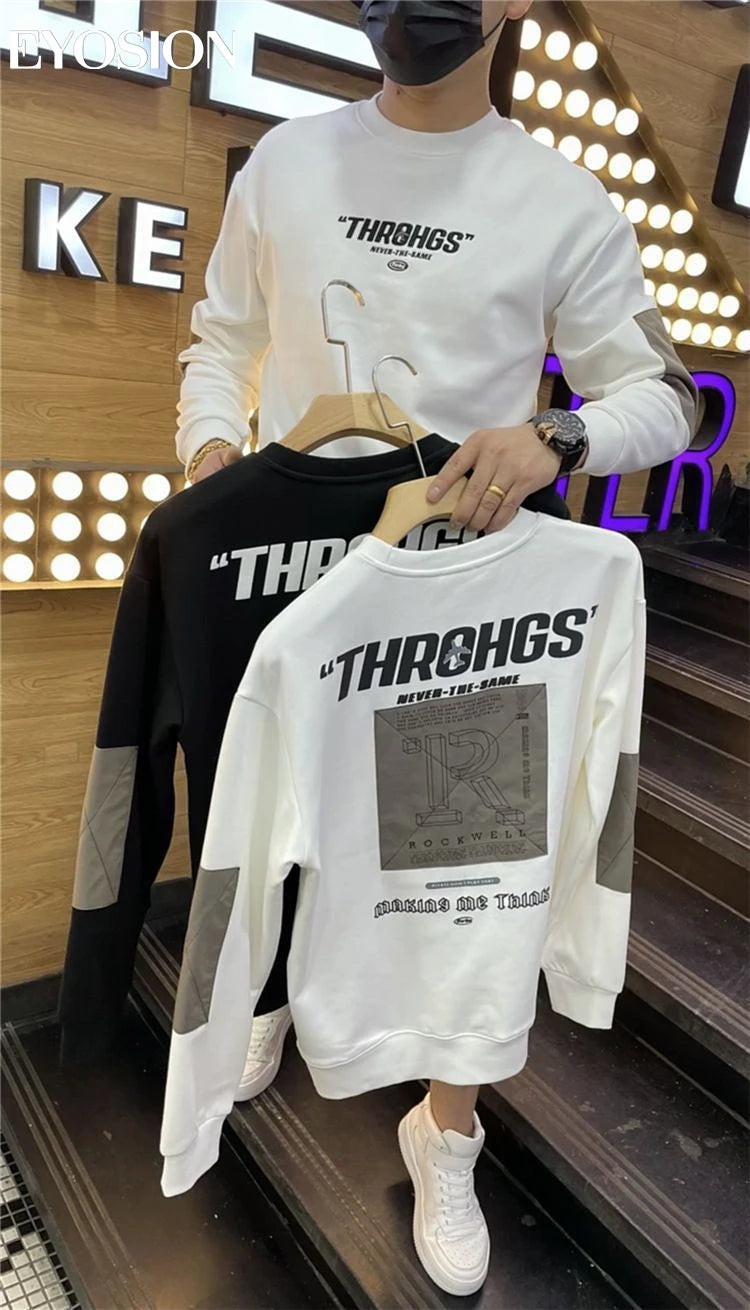 Autumn Youth Men's Sweatshirt Pullovers Letter Print Round Neck Slim Fit Thicken Hoody Long Sleeve Casual Sweatshirt Male Tops