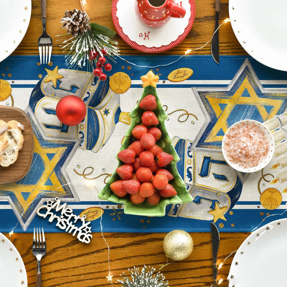 Menorah Hexagram Dreidel Hanukkah Table Runner, Chanukah Holiday Kitchen Dining Table Decoration for Home Party Decor