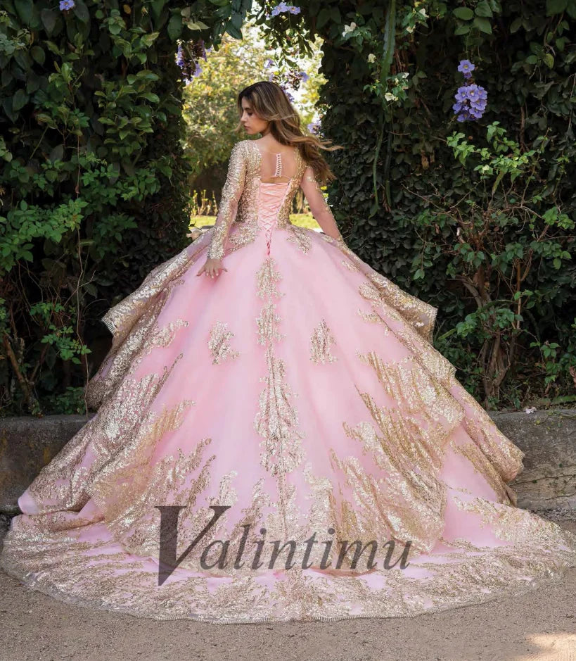 Valintimu Luxurious O-neckline Quinceanera Dresses for Girl Long Sleeves Lace Appliques Corset Vestidos De 15 Anos Customized