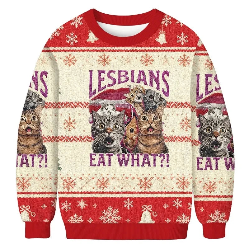 Funny Christmas Ugly Sweatshirt Men's Cat Printed Autumn Long Sleeve O-Neck Chic Pullover Holiday Colorblock New Year Clothing