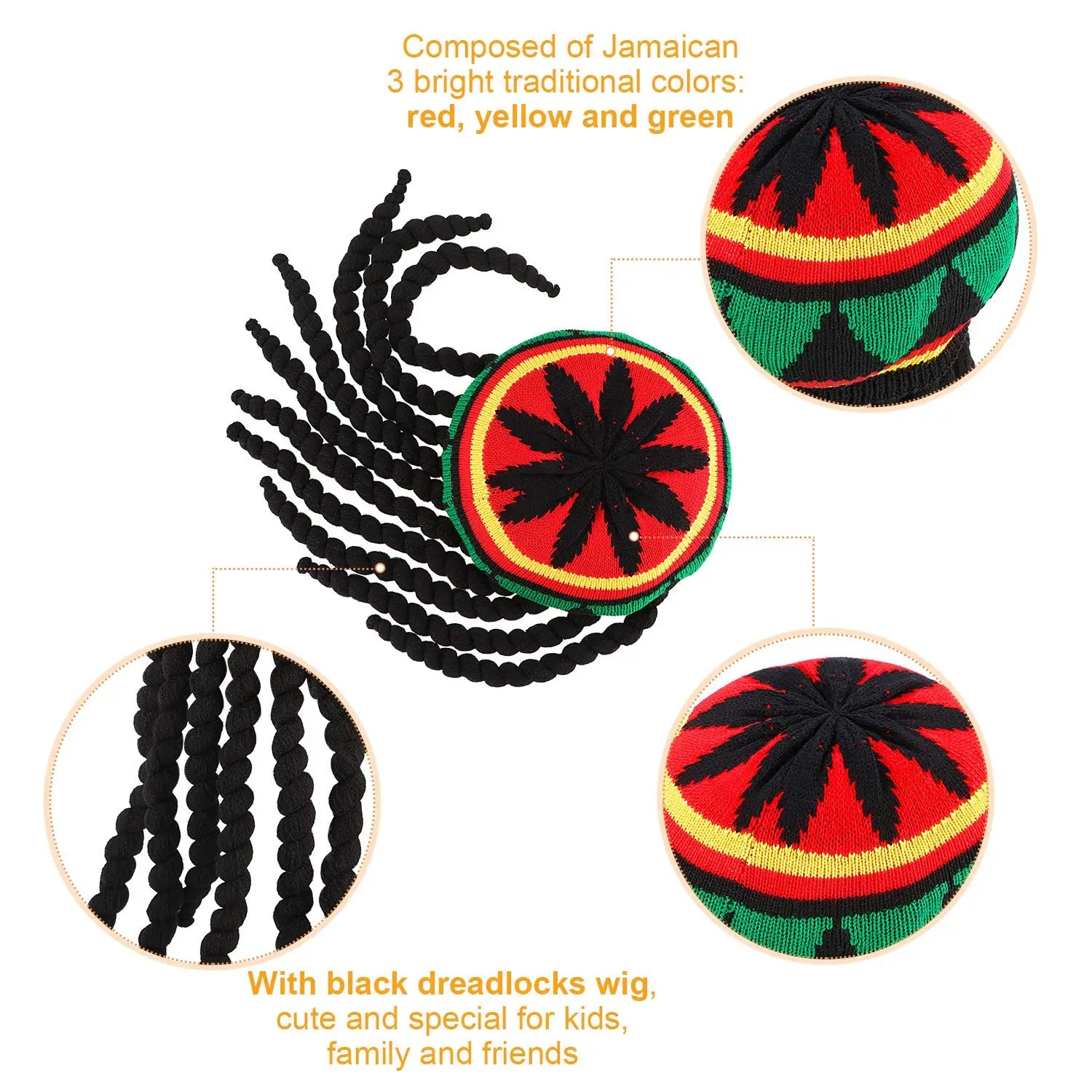 Unisex Dreadlocks Beanie Hat with Fake Braids Jamaican Rasta Reggae Cap Crochet Knitted Skull Cap for  Halloween Christmas Party