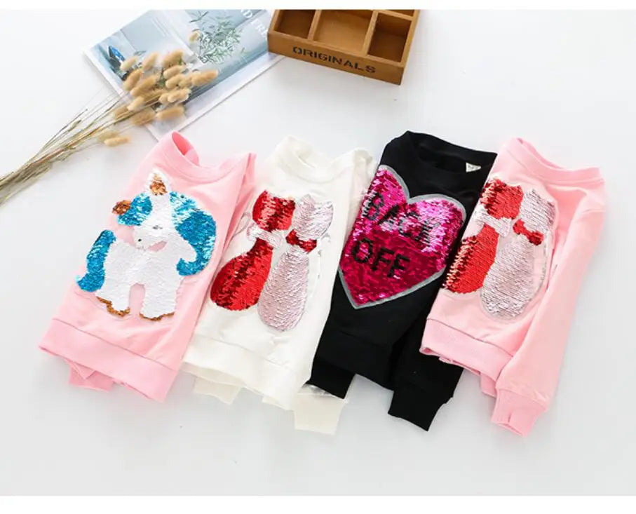 Cute Cat Baby Girls Hoody Sweatshirt Toddler Kids Cotton Sequins Cartoon Sweater Children Spring Autumn Clothes Tops