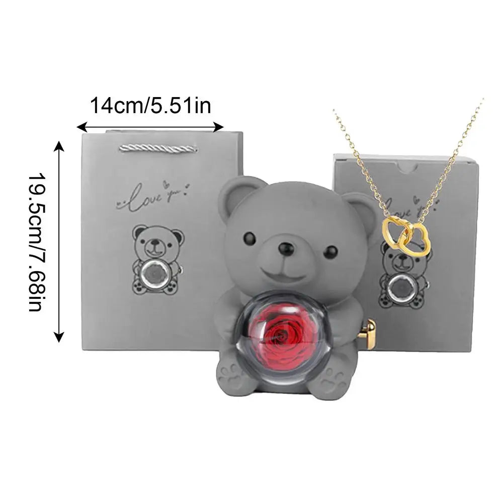Bear Necklace Case Romantic Bear and Rose Jewelry Box Hug Bear Decoration Necklace Box Rose and Rotating Bear Case with Double