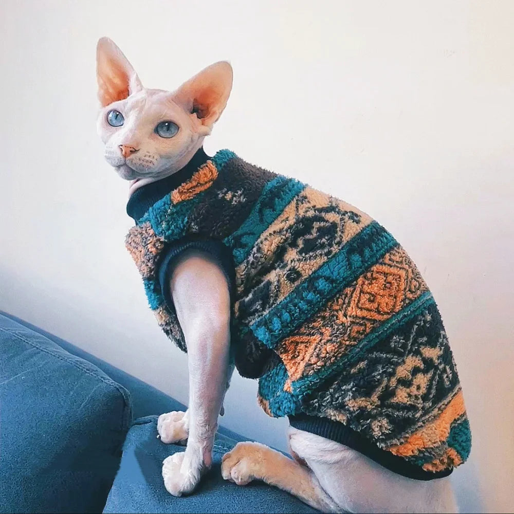 Christmas Sweater for Sphynx Cat Colorful Fleece Sweatshirt for Hairless Cat Winter Soft Short Sleeved Thick Pajamas for Kittens
