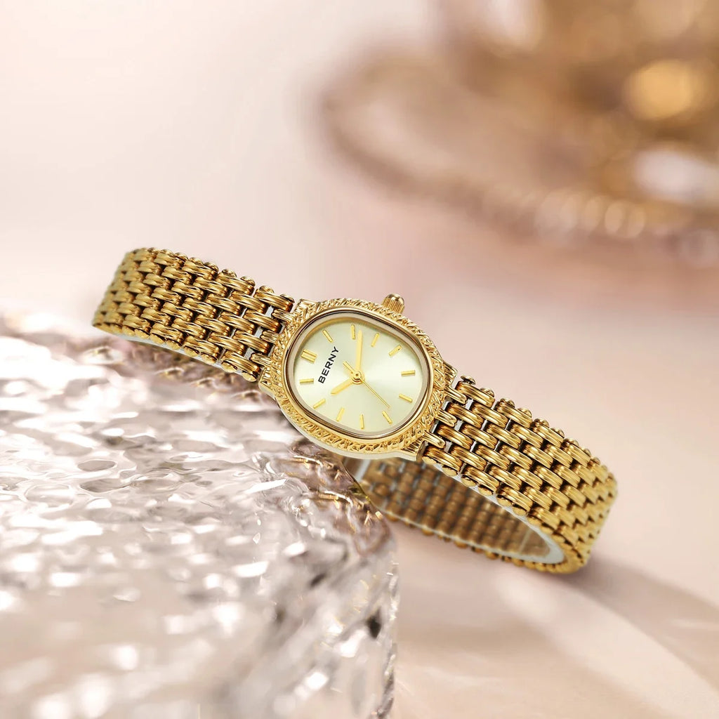 BERNY Women Quartz Watch Gold Small Dial Wristwatch Luxury