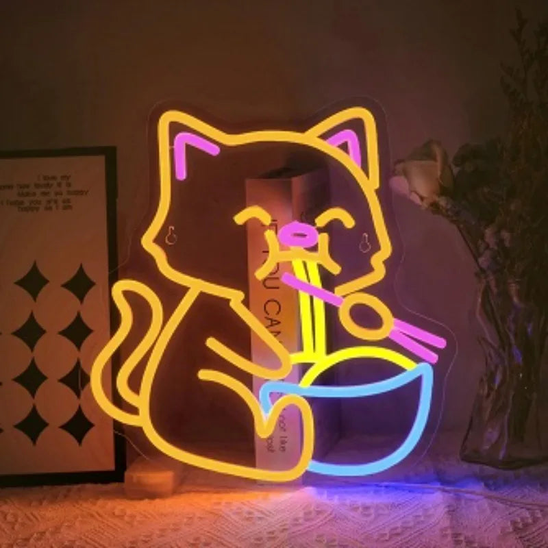Ramen Cat Neon Sign, Bright LED for Restaurant and Cafe Decor, Japanese Kitchen Wall Art, Cat Lover Gift, Party Decoration