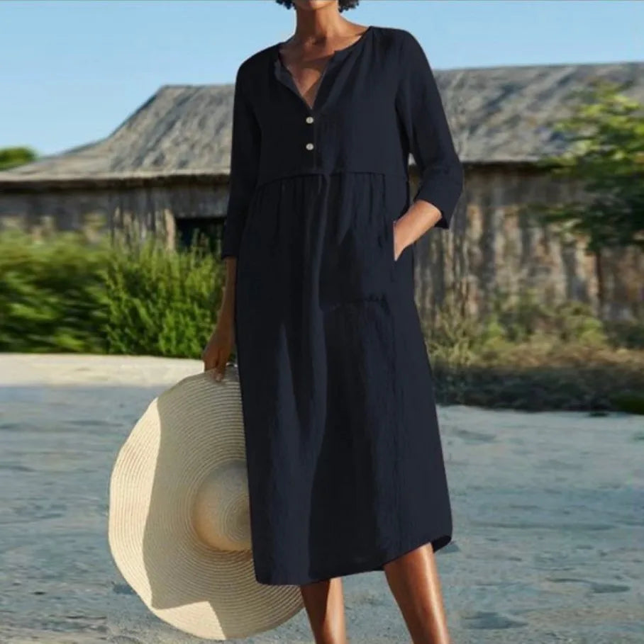 Cotton Linen Dress For Spring Summer Women's New Casual Cotton Round Neck Button Pocket Mid Sleeve Solid Color Dress