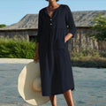 Cotton Linen Dress For Spring Summer Women's New Casual Cotton Round Neck Button Pocket Mid Sleeve Solid Color Dress