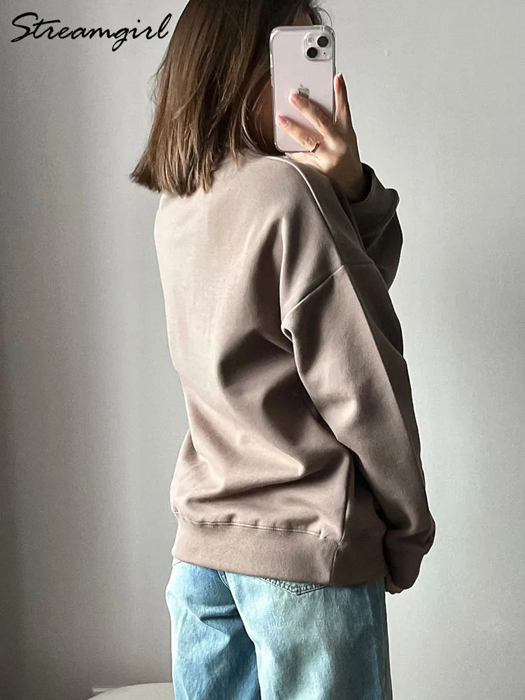 Autumn Oversized Sweatshirts Women Cotton Loose Pullovers Red O Neck Warm Sweatshirt For Women Oversize Winter Clothes Fleece