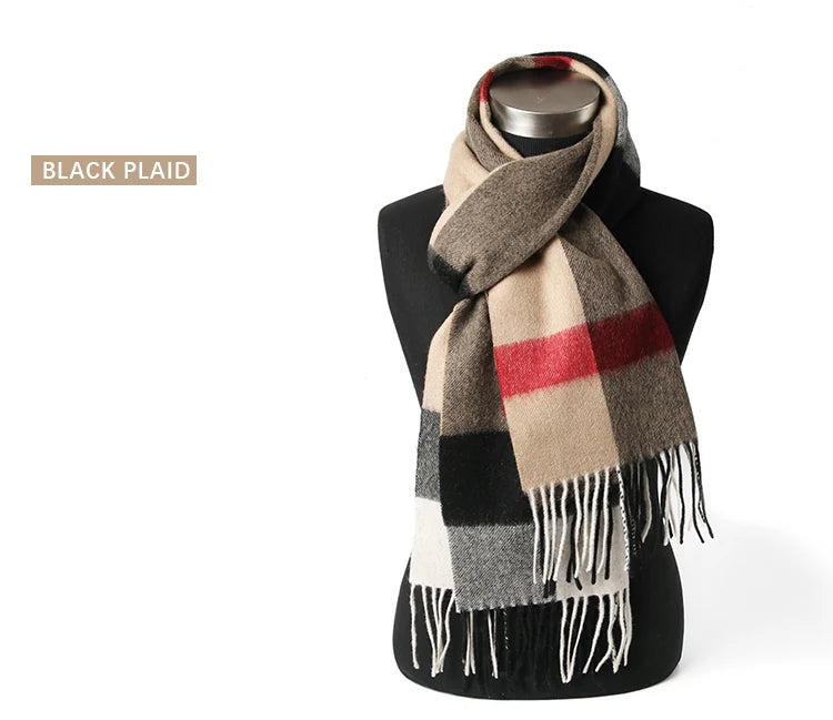 LONGMING 100% Merino Wool Knitted Shawl New Women Autumn Fashion Classic Plaid Solid Scarf Winter Warm Knottable Muffler for Man