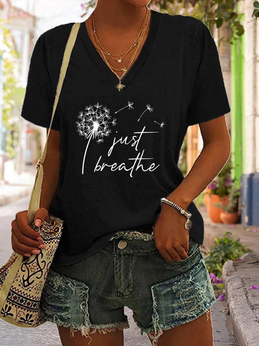 Vintage Just Breathe Dandelion T-shirt V Neck Casual Fashion Y2k Printed T Shirts Women Short Sleeve Tee Shirt V-Neck Summer