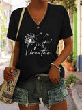 Vintage Just Breathe Dandelion T-shirt V Neck Casual Fashion Y2k Printed T Shirts Women Short Sleeve Tee Shirt V-Neck Summer