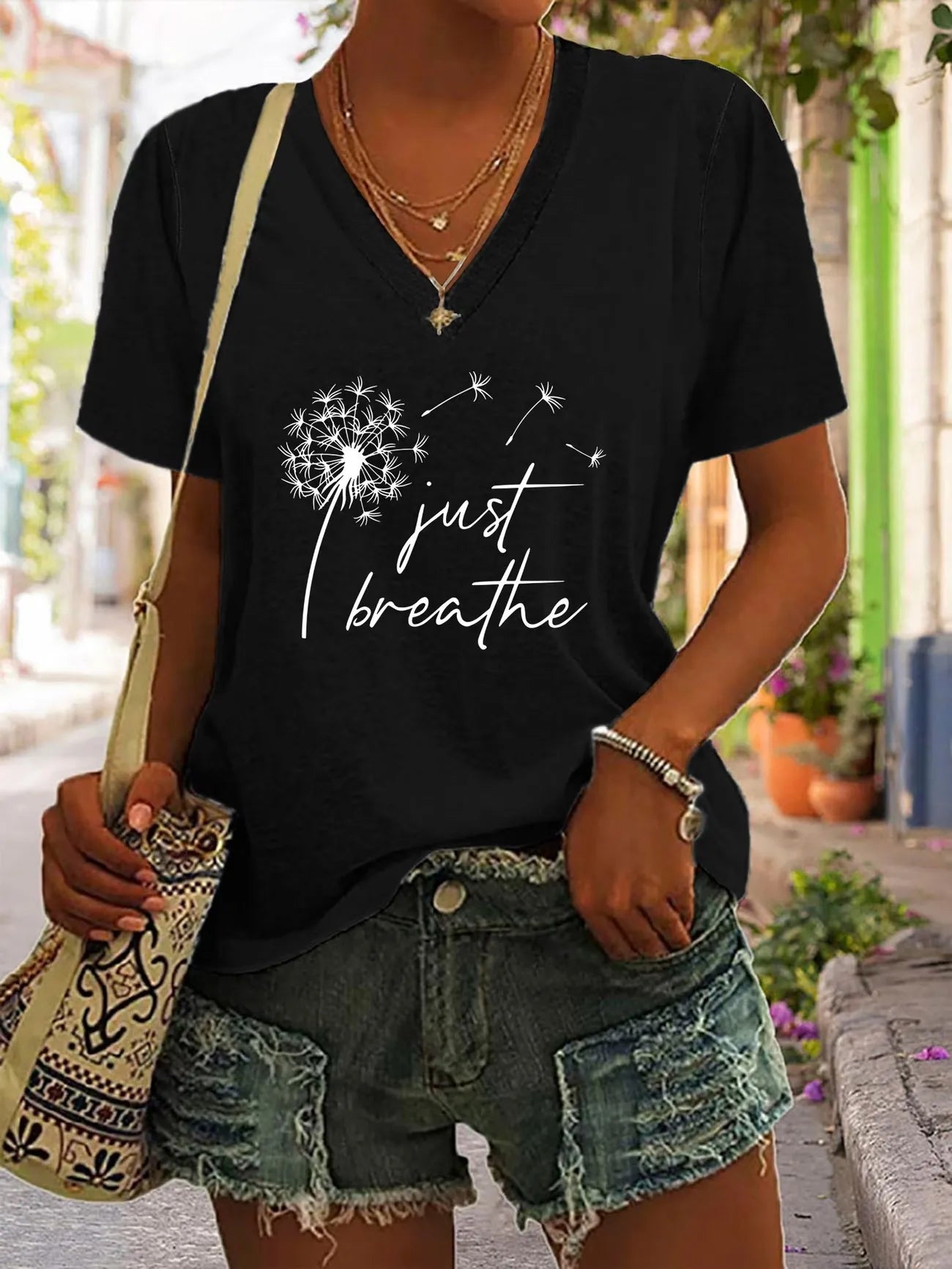 Vintage Just Breathe Dandelion T-shirt V Neck Casual Fashion Y2k Printed T Shirts Women Short Sleeve Tee Shirt V-Neck Summer