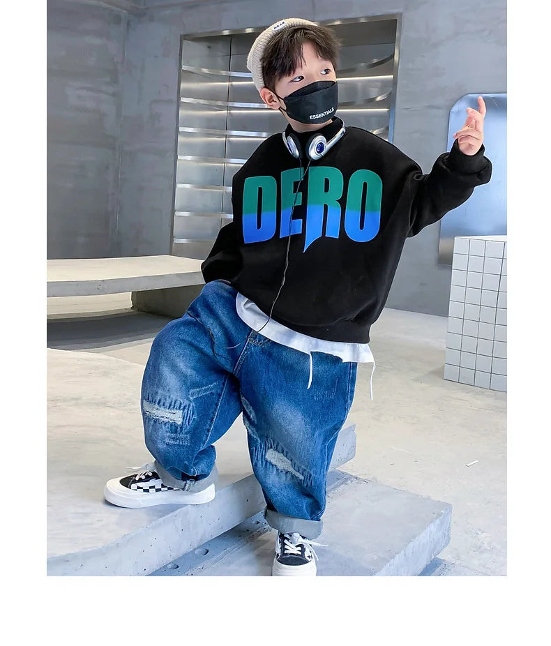 Winter Boys Warm Fleece Lined Half Turtleneck Alphabet Sweatshirt School Kids Track Pullover Coat Tops Child Work Jumper 3-16Yrs