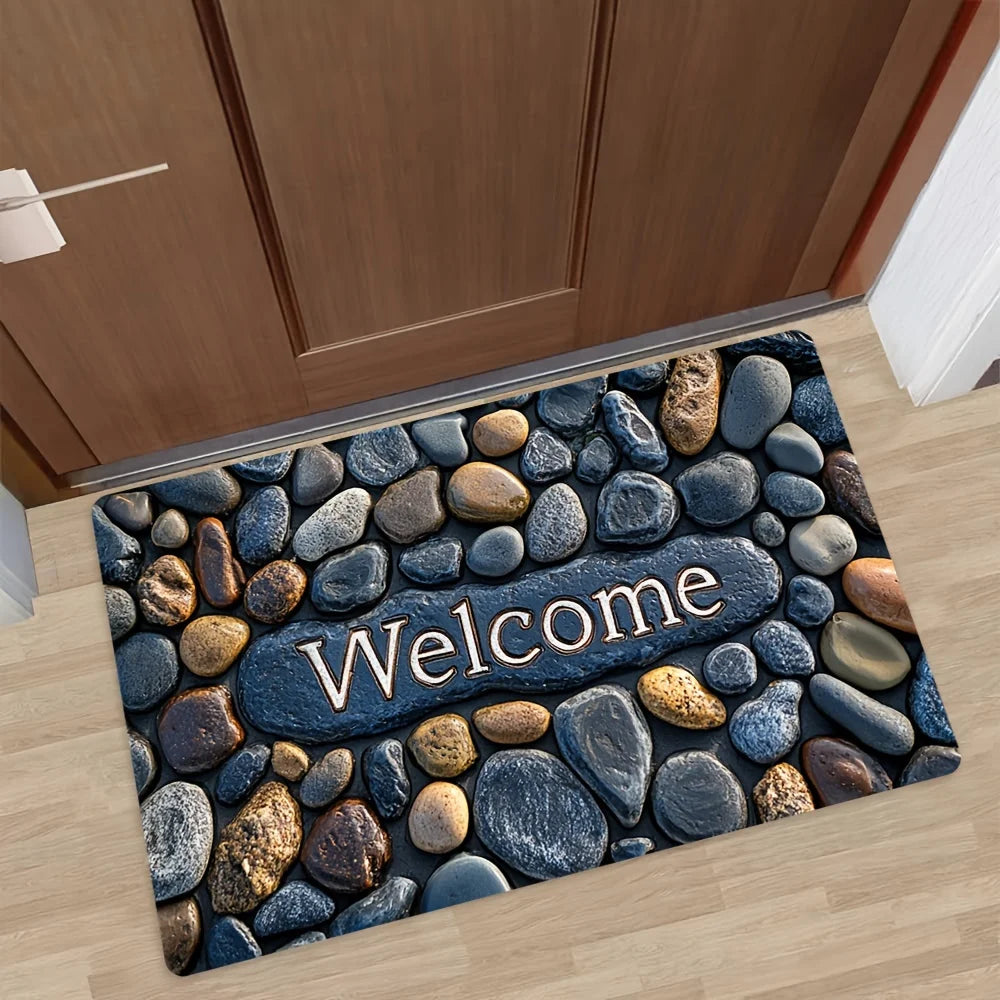 "Welcome on Pebbles" Non-Slip Floor Mat - Indoor and Outdoor Absorbent Foot Mat Suitable for Home Decoration,Durable and Stylish