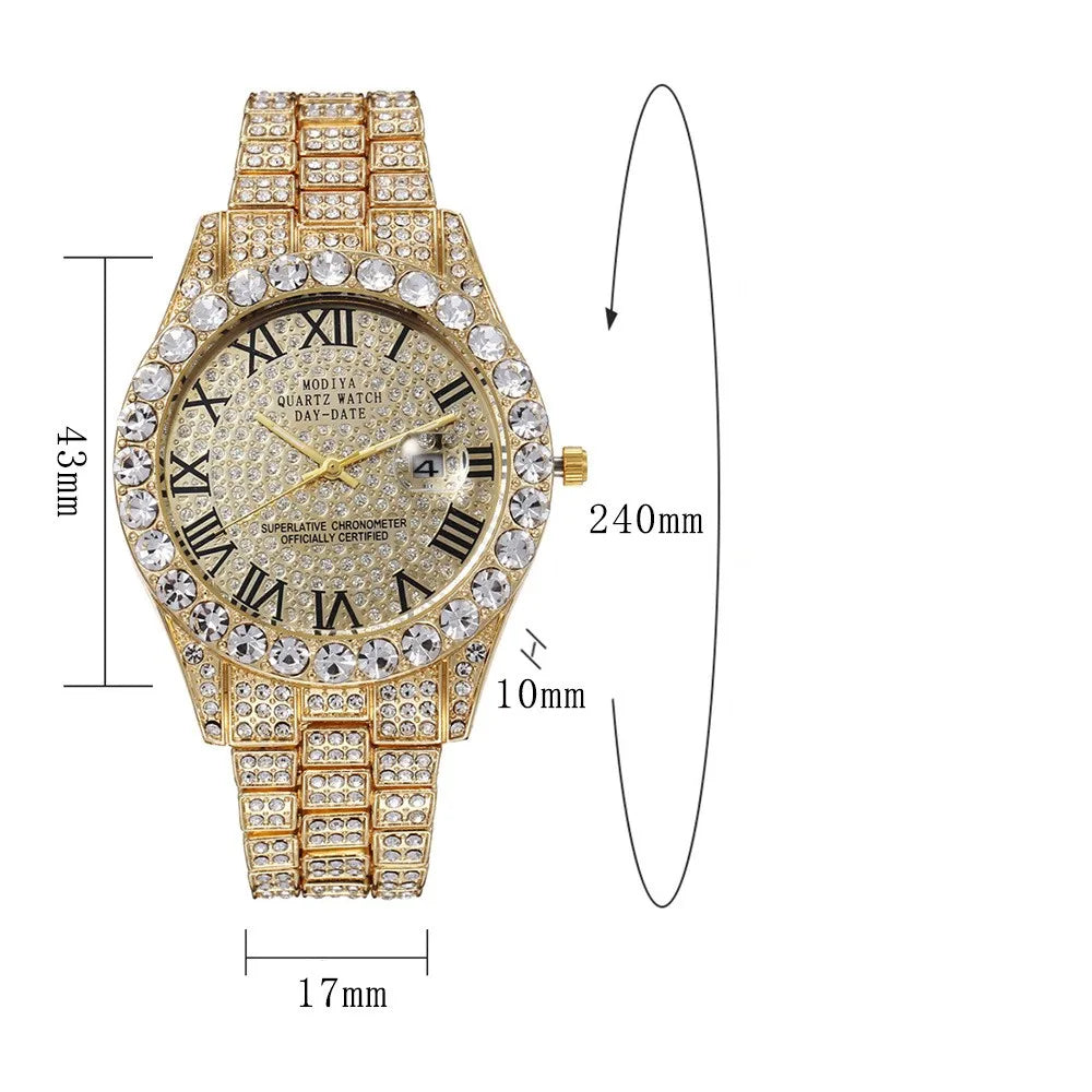 Luxury Classic Golden Men's Steel Strap Roman Scale Rhinestone