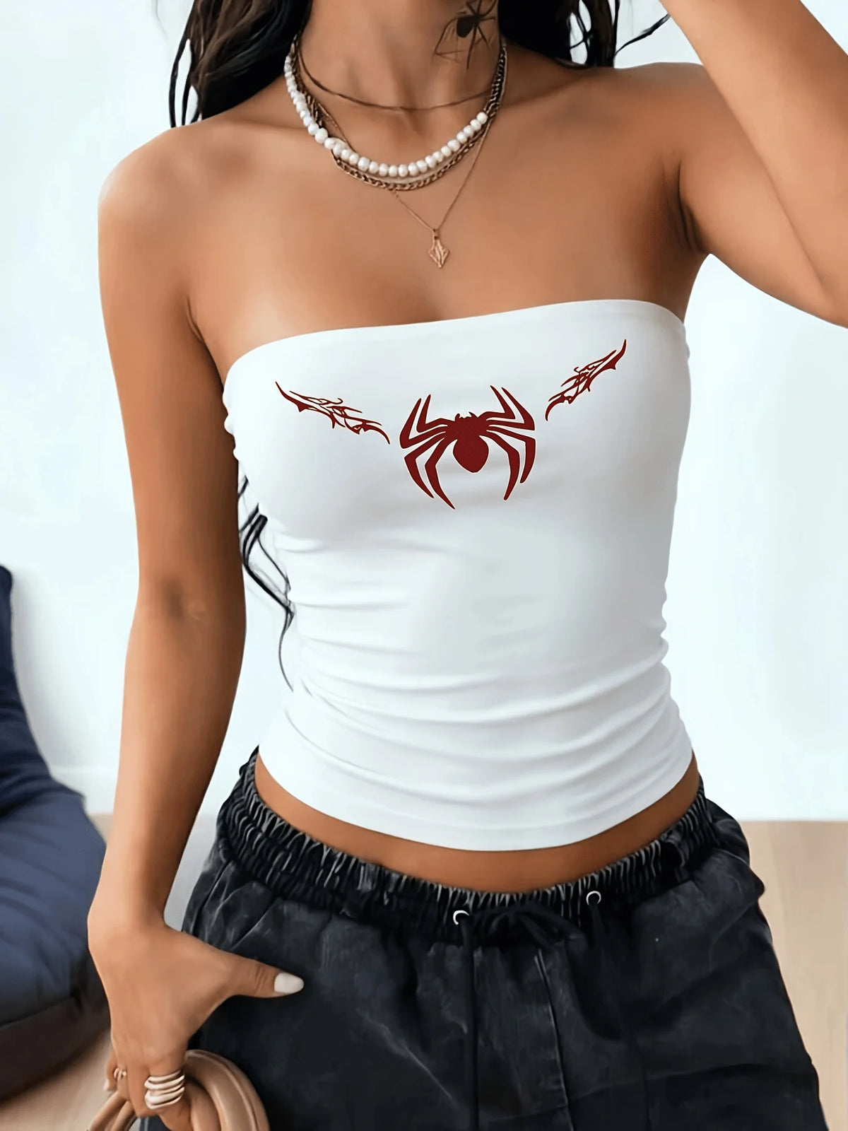 American Retro Spider Print White Strapless Women's Elastic