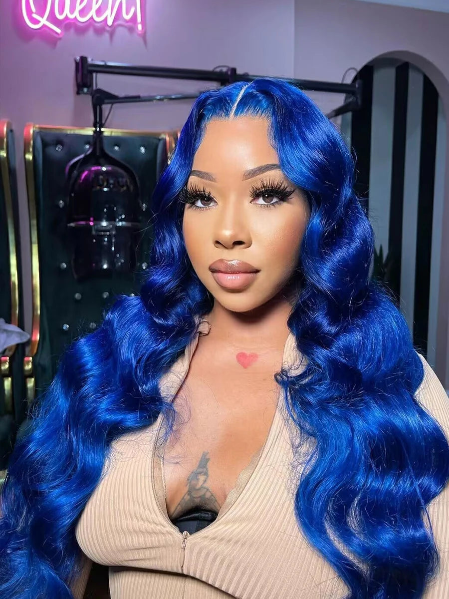 Navy Blue 13x6 Lace Front Body Wave Human Hair Wigs Brazilian Blue Colored HD Transparent Lace Front Wigs For Women Pre Plucked