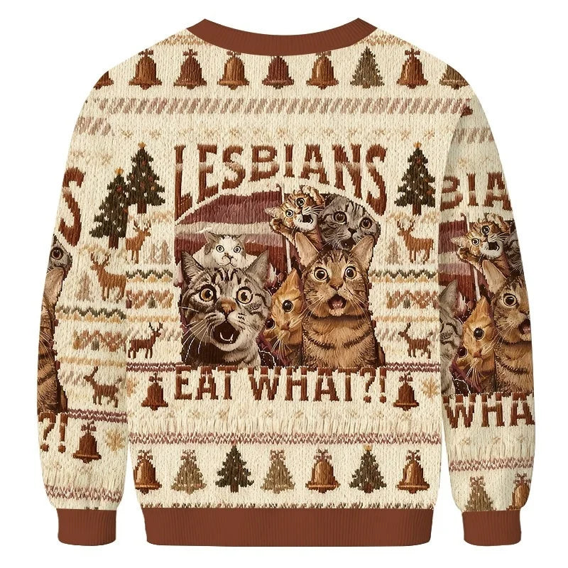Funny Christmas Ugly Sweatshirt Men's Cat Printed Autumn Long Sleeve O-Neck Chic Pullover Holiday Colorblock New Year Clothing