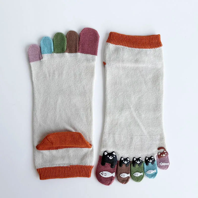1/5 Pairs Toe Socks Women Girl Cotton White Cute Cartoon Bear Fish Print Soft Beautiful Fashions Ankle Boat Five Finger Socks
