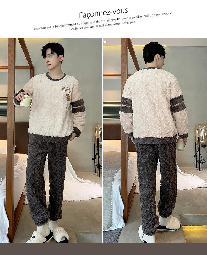 Men's Winter Jacquard Weave Flannel Pajamas Set Coral Fleece Cartoon Sleepwear Homewear Thick Warm Male Suit Fall Sweatshirt 5XL