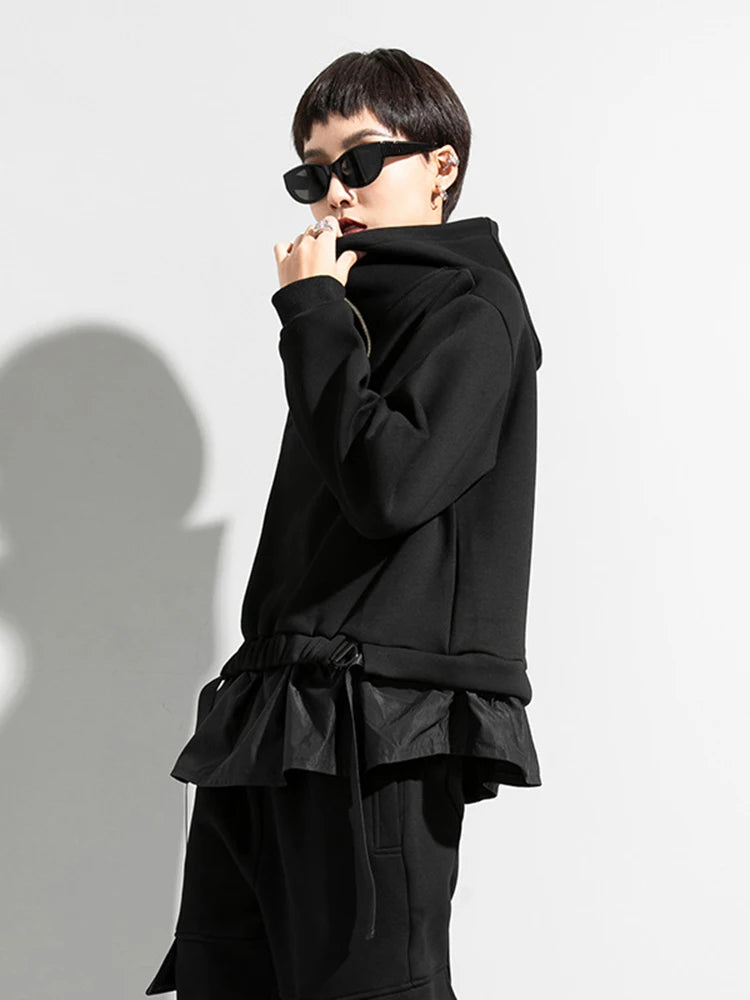[EAM] Loose Fit Ruffles Spliced Sweatshirt New Hoooded Long Sleeve Women Big Size Fashion Tide Spring Autumn 2026 1DD2569