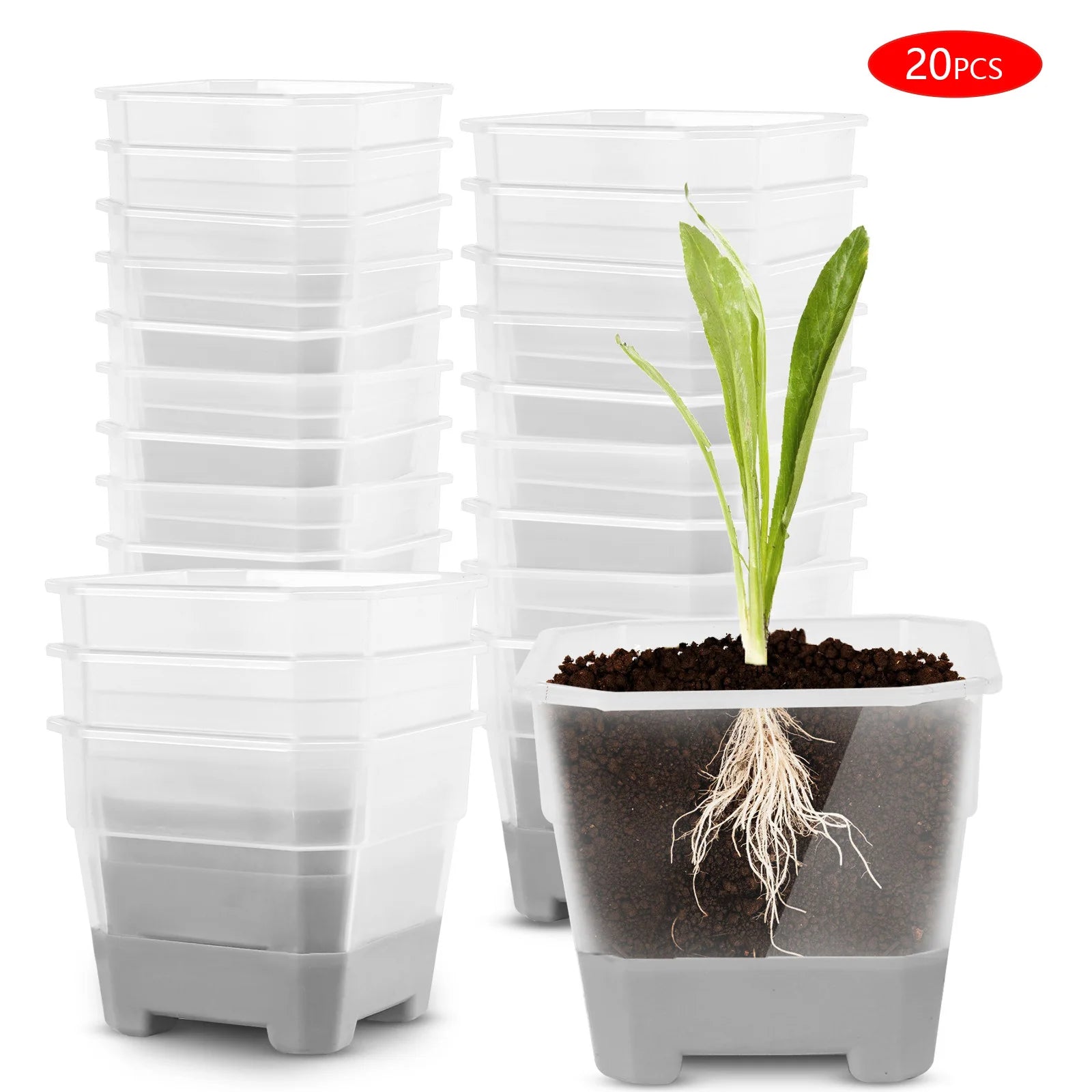 20pcs Seedling Pots - Reusable square planters with flexible silicone base and drainage holes to promote seedling root growth.