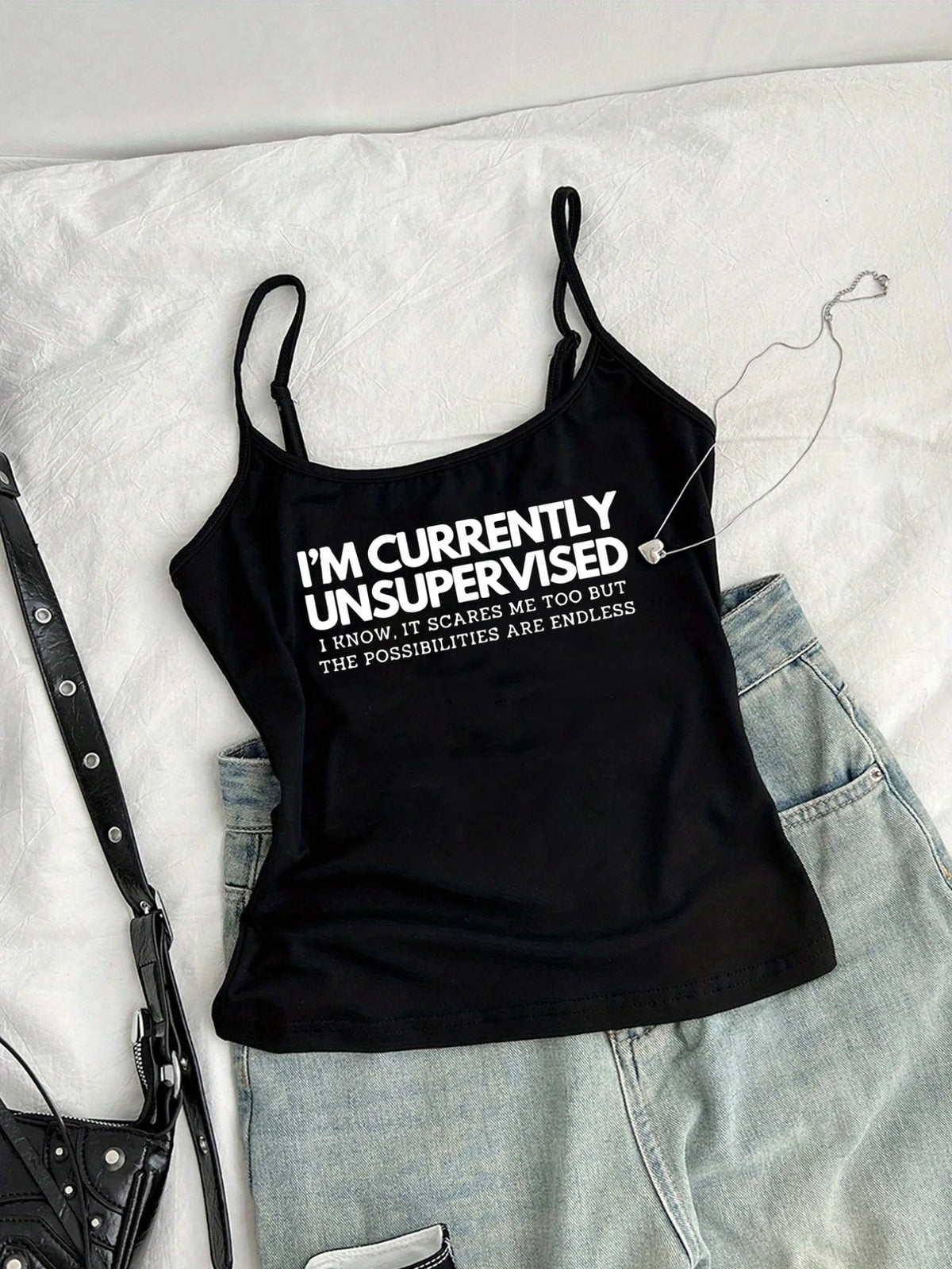 Americanstyle Roundneck Camisole With I'M CURRENTLY - Black
