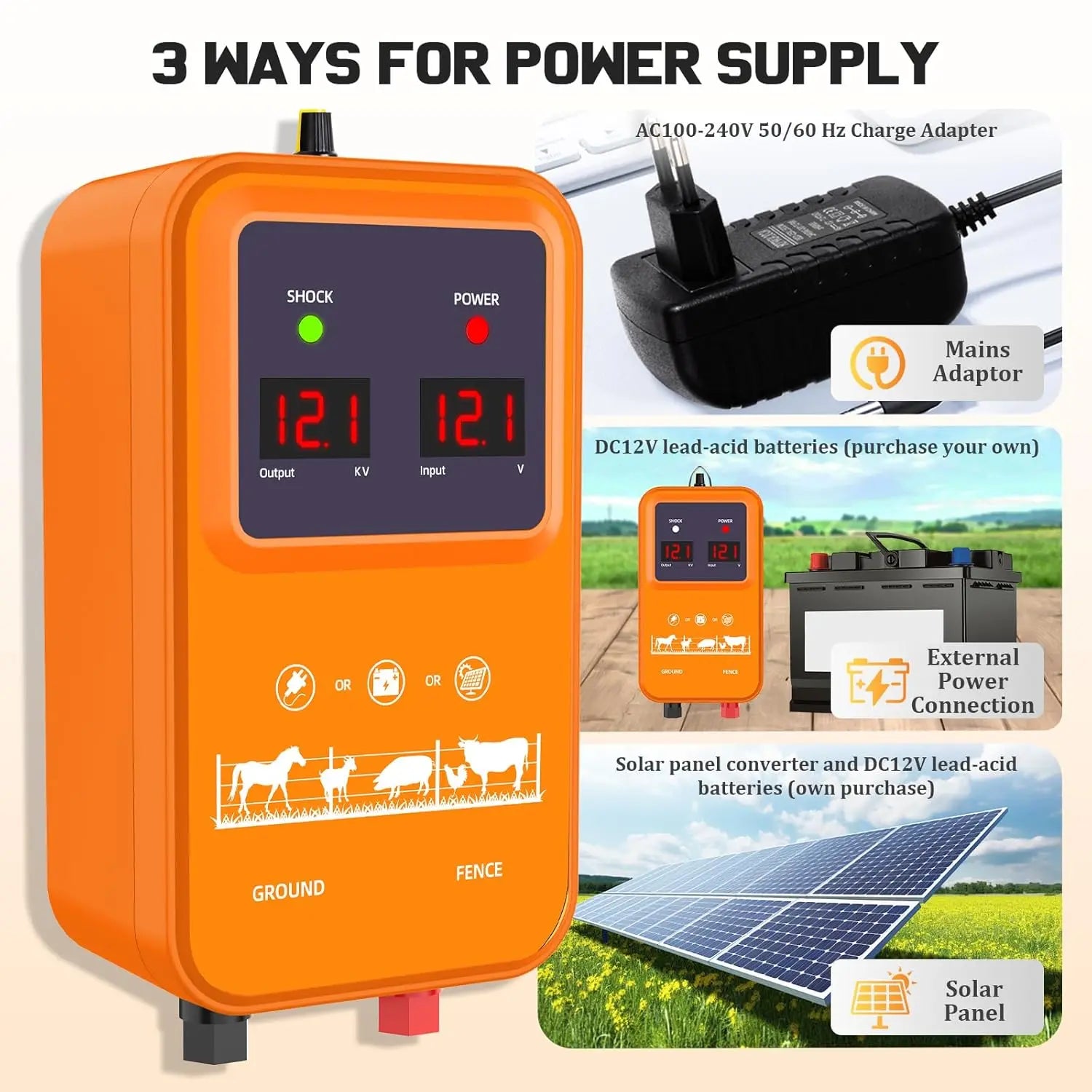 15KM 7KV-13KV adjustable electric fence with LED display waterproof electric fence for pastures for poultry with 200M cable