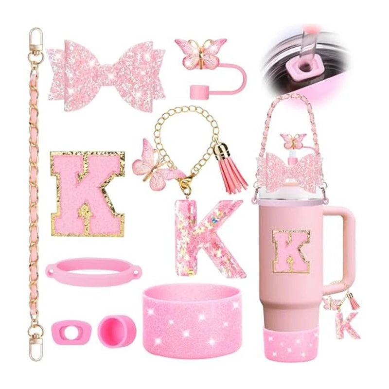 9PCS Set Bling Pink For Stanley Cup Cute Bow Letter Decoration 30oz 40oz Cup Spill Proof Stopper Keychain Handle Cup Accessoriy