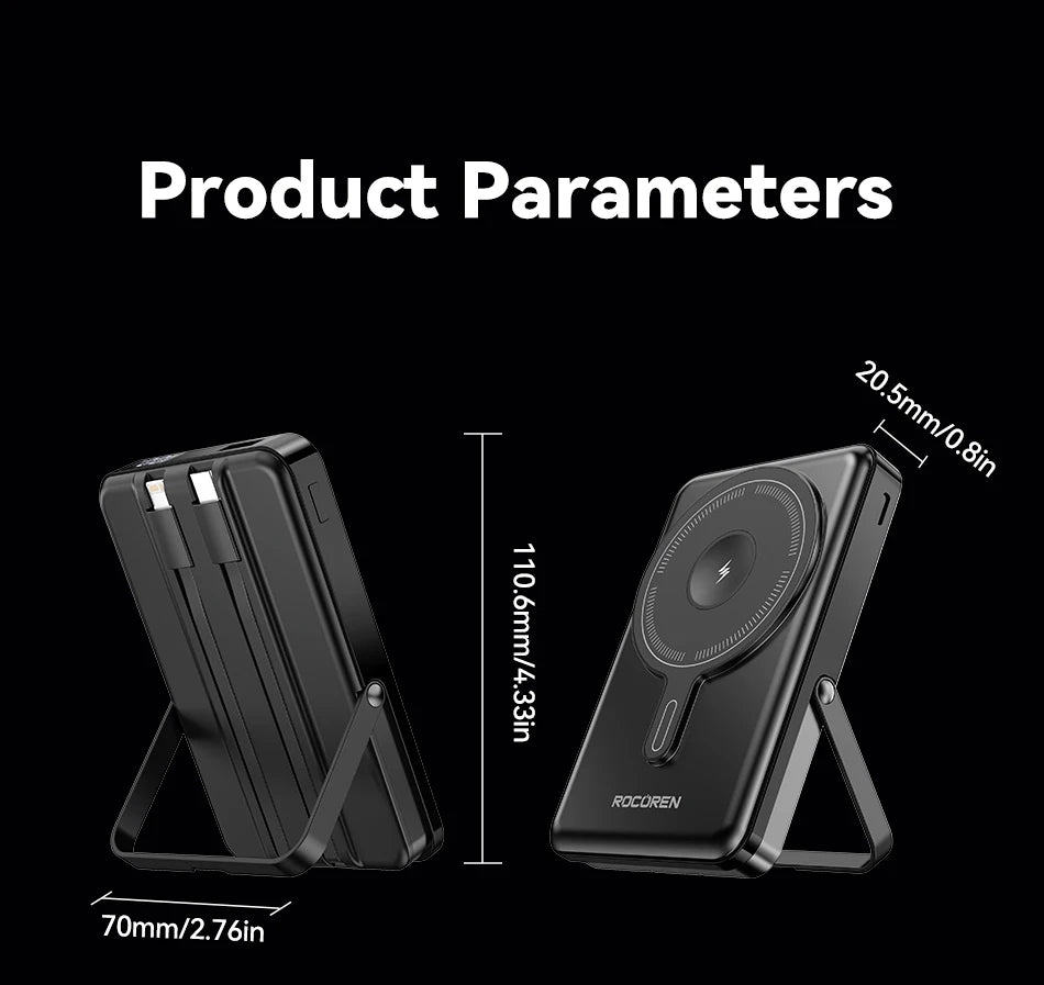 Rocoren PD 22.5W Fast Charging Power Bank 10000mAh Magnetic Wireless Charger for iPhone 16 15 14 Powerbank Built Charging Cables