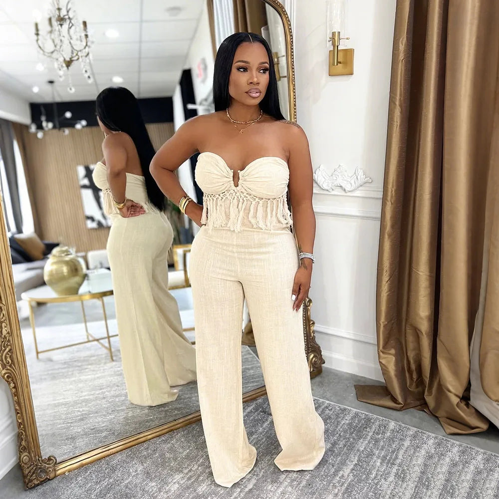Pant Set Women Two Piece Sets Strapless Sleeveless Sexy Short Tops Long Pants High Waist Y2k Streetwear Solid Slim Fit 2026