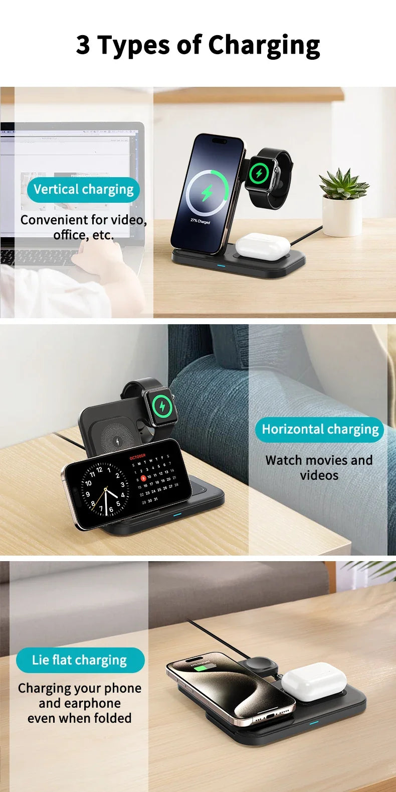 3 in 1 Wireless Charger Foldable Fast Charging Dock Stand For iPhone 17 16 15 14 13 12 Pro Max iWatch 11~2 Ultra SE AirPods 4 3